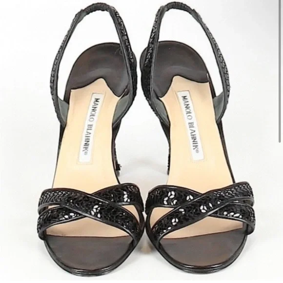 Manolo Blahnik Black Sequin Kitten Heels Sandals Stiletto Sz 37.5 7.5 - Picture 1 of 8